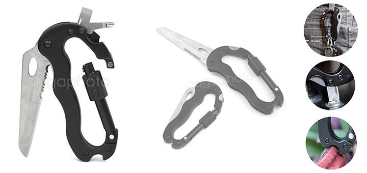 Messer schwarz Multitool Karabiner Schlüsselanhänger Clip mit LED Taschenlampe 